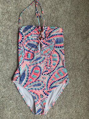 Aerie Women's Halter Neck One-Piece Swimsuit, Pink/Blue Paisley, size S NWT